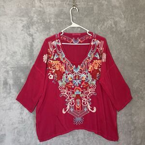 Johnny Was Shirt S Valerie Embroidered Floral Pink Bohemian Boho Fairy